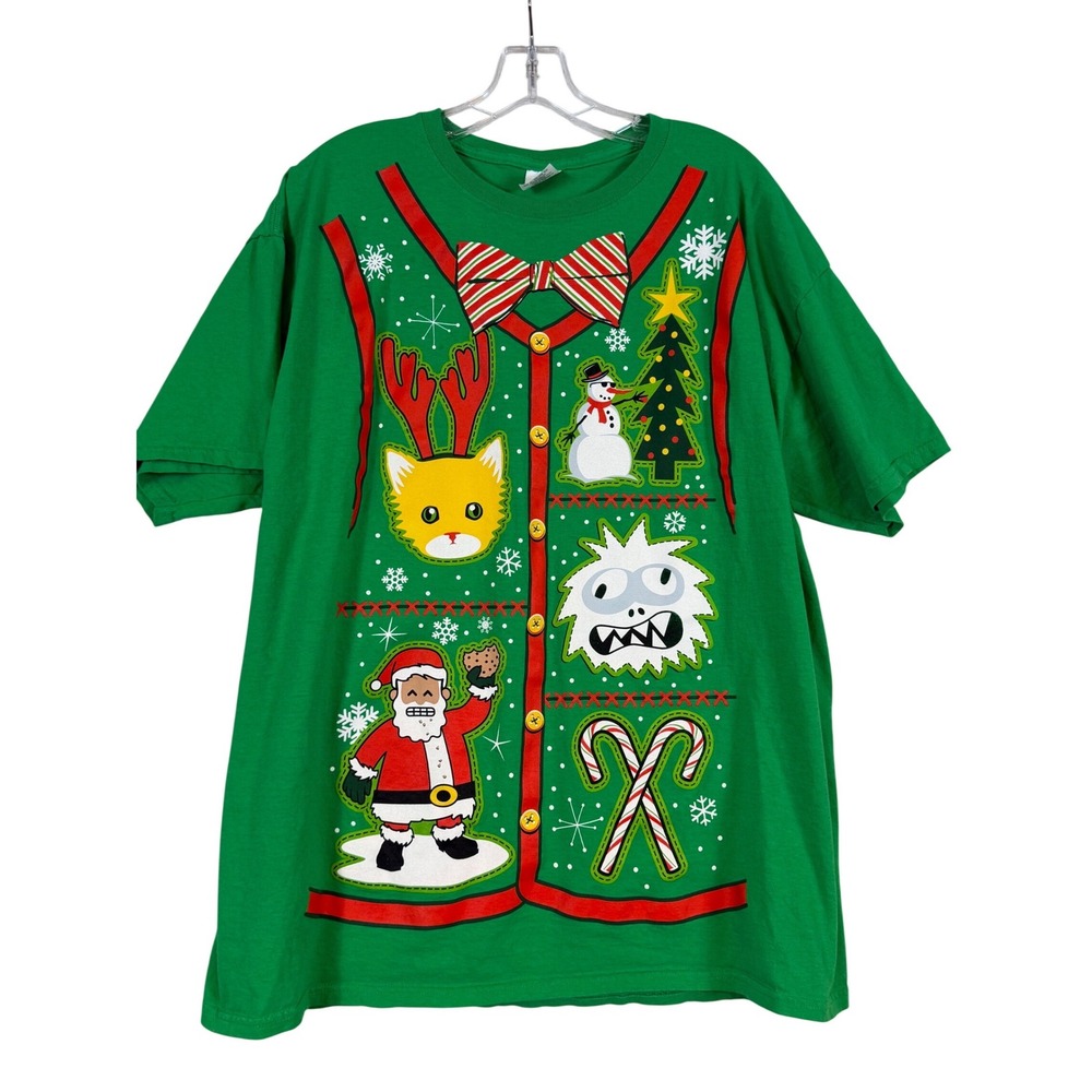 Dec.‎ 25th Green Ugly Christmas Sweater Tee Shirt •XL• Santa Yeti Cat Kitschy